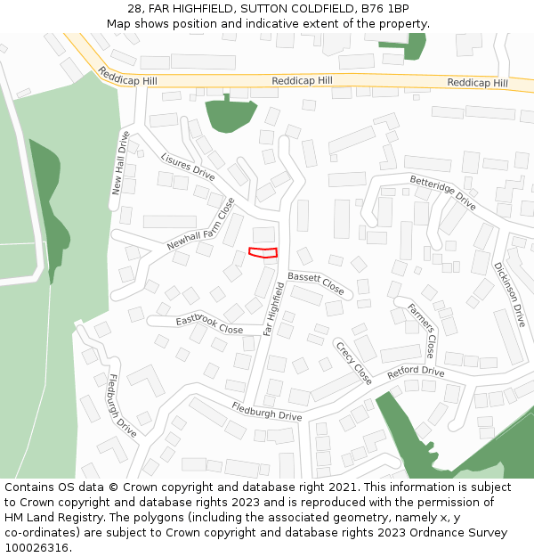 28, FAR HIGHFIELD, SUTTON COLDFIELD, B76 1BP: Location map and indicative extent of plot