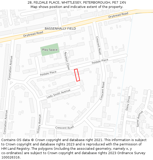 28, FELDALE PLACE, WHITTLESEY, PETERBOROUGH, PE7 1XN: Location map and indicative extent of plot