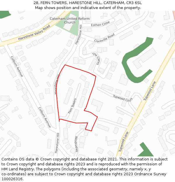 28, FERN TOWERS, HARESTONE HILL, CATERHAM, CR3 6SL: Location map and indicative extent of plot