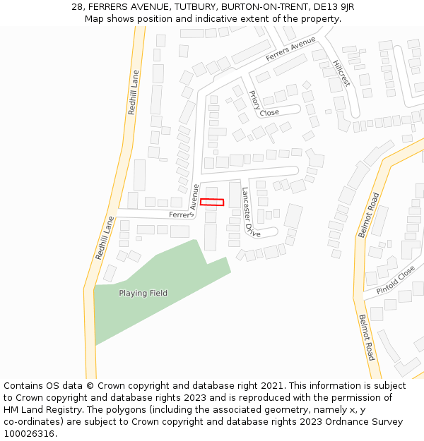 28, FERRERS AVENUE, TUTBURY, BURTON-ON-TRENT, DE13 9JR: Location map and indicative extent of plot