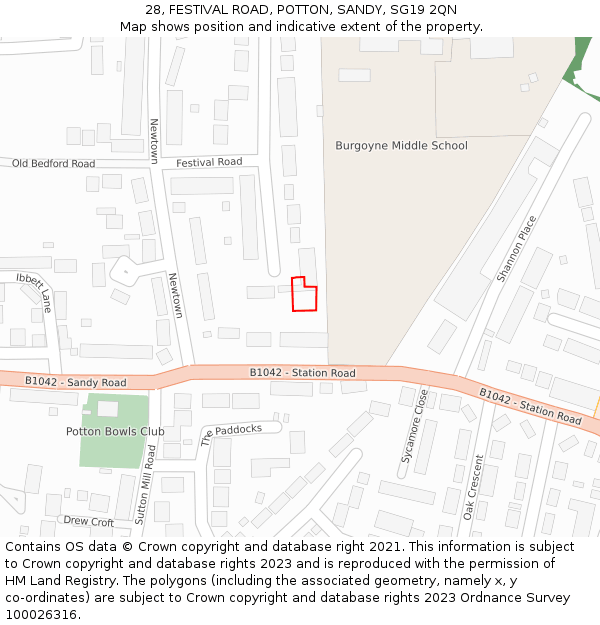 28, FESTIVAL ROAD, POTTON, SANDY, SG19 2QN: Location map and indicative extent of plot