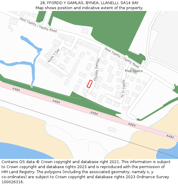 28, FFORDD Y GAMLAS, BYNEA, LLANELLI, SA14 9AY: Location map and indicative extent of plot