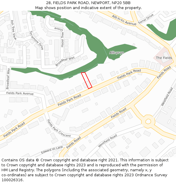 28, FIELDS PARK ROAD, NEWPORT, NP20 5BB: Location map and indicative extent of plot