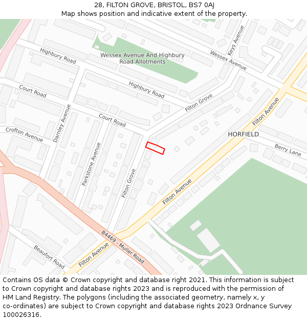 28, FILTON GROVE, BRISTOL, BS7 0AJ: Location map and indicative extent of plot