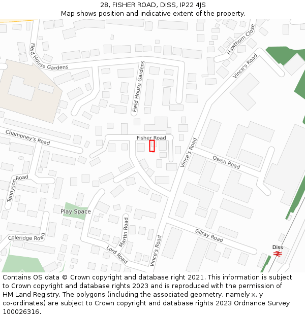 28, FISHER ROAD, DISS, IP22 4JS: Location map and indicative extent of plot