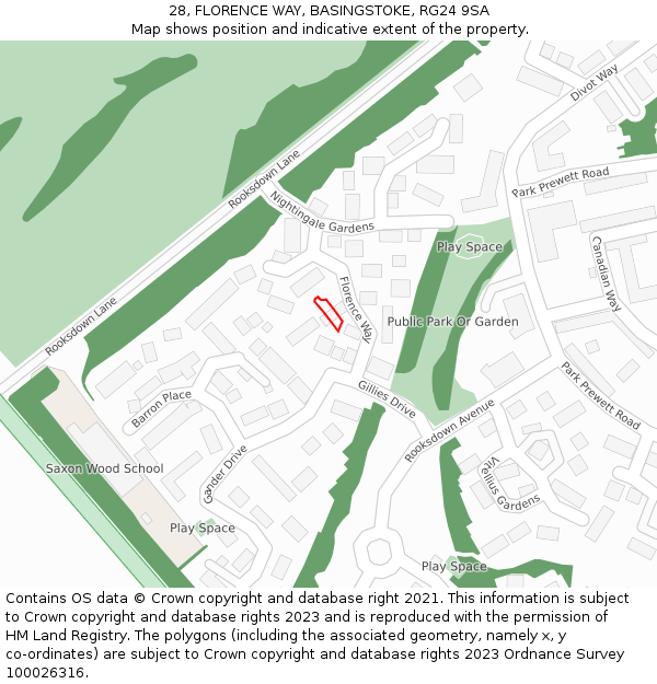 28, FLORENCE WAY, BASINGSTOKE, RG24 9SA: Location map and indicative extent of plot