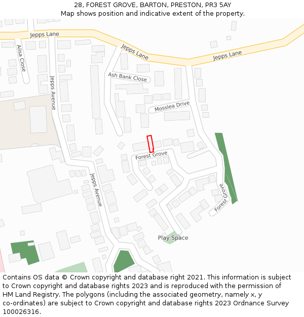 28, FOREST GROVE, BARTON, PRESTON, PR3 5AY: Location map and indicative extent of plot