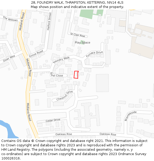 28, FOUNDRY WALK, THRAPSTON, KETTERING, NN14 4LS: Location map and indicative extent of plot