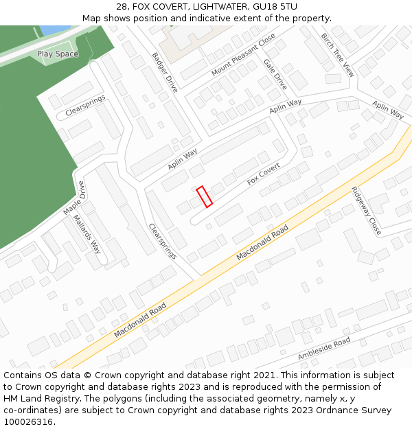 28, FOX COVERT, LIGHTWATER, GU18 5TU: Location map and indicative extent of plot