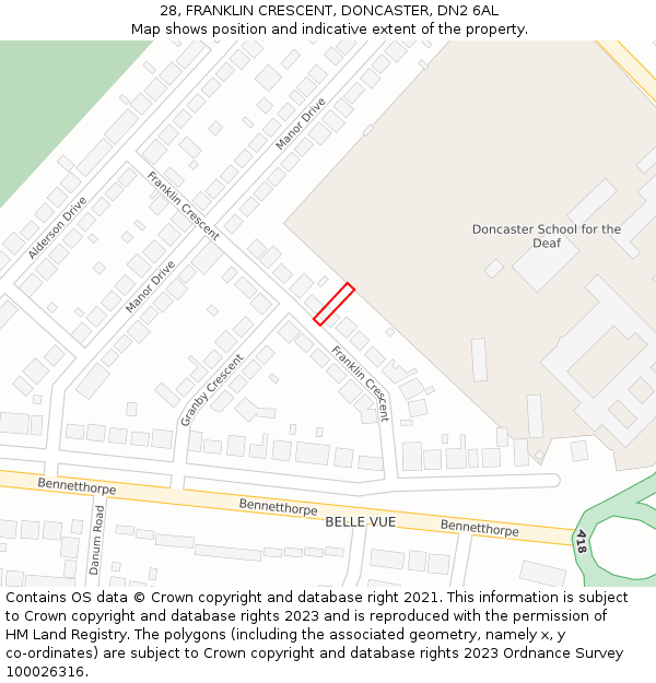 28, FRANKLIN CRESCENT, DONCASTER, DN2 6AL: Location map and indicative extent of plot