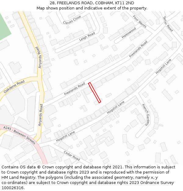 28, FREELANDS ROAD, COBHAM, KT11 2ND: Location map and indicative extent of plot