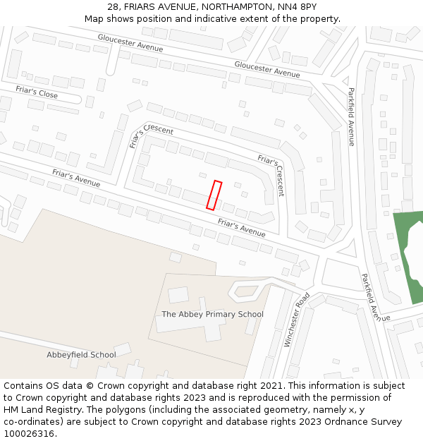 28, FRIARS AVENUE, NORTHAMPTON, NN4 8PY: Location map and indicative extent of plot
