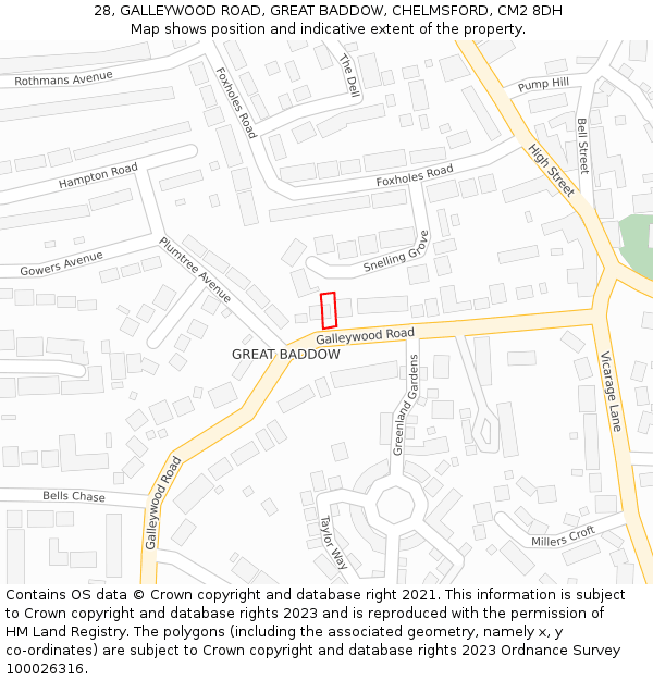 28, GALLEYWOOD ROAD, GREAT BADDOW, CHELMSFORD, CM2 8DH: Location map and indicative extent of plot