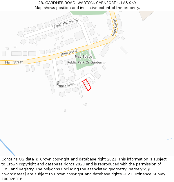 28, GARDNER ROAD, WARTON, CARNFORTH, LA5 9NY: Location map and indicative extent of plot