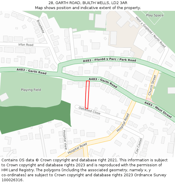 28, GARTH ROAD, BUILTH WELLS, LD2 3AR: Location map and indicative extent of plot