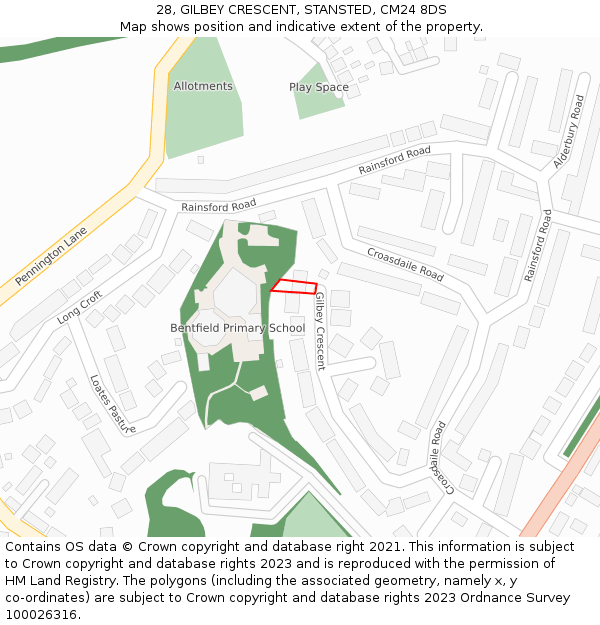 28, GILBEY CRESCENT, STANSTED, CM24 8DS: Location map and indicative extent of plot