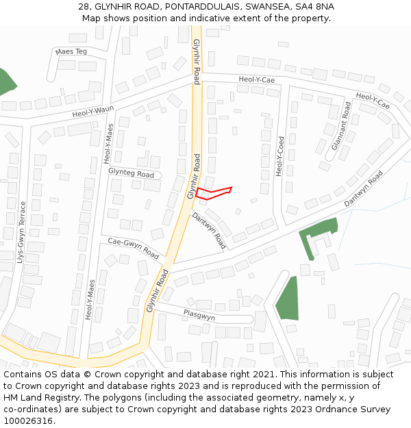 28, GLYNHIR ROAD, PONTARDDULAIS, SWANSEA, SA4 8NA: Location map and indicative extent of plot