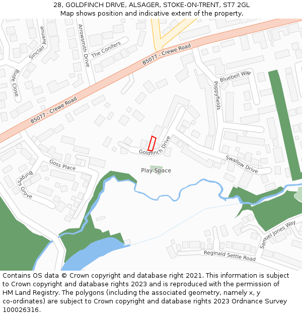 28, GOLDFINCH DRIVE, ALSAGER, STOKE-ON-TRENT, ST7 2GL: Location map and indicative extent of plot