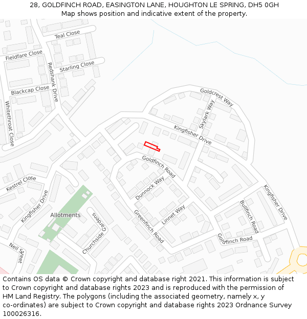 28, GOLDFINCH ROAD, EASINGTON LANE, HOUGHTON LE SPRING, DH5 0GH: Location map and indicative extent of plot