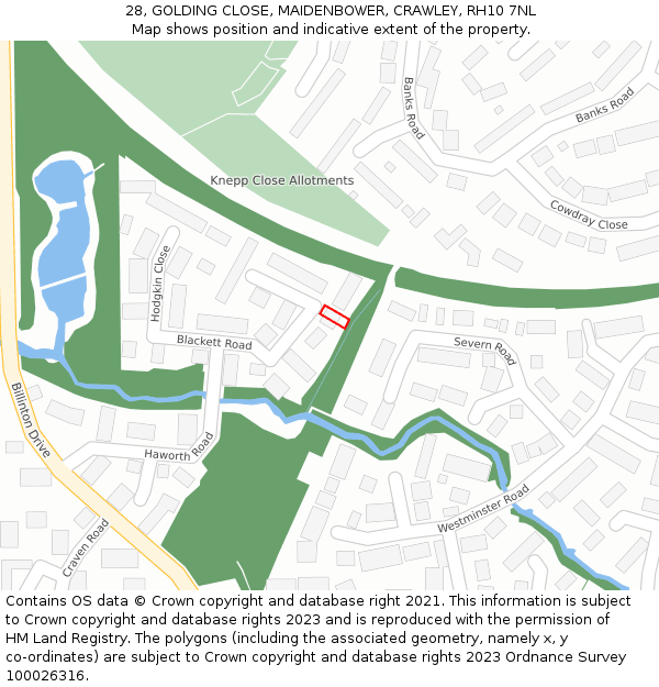 28, GOLDING CLOSE, MAIDENBOWER, CRAWLEY, RH10 7NL: Location map and indicative extent of plot