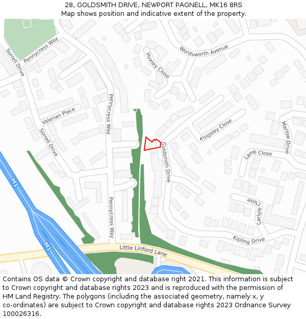 28, GOLDSMITH DRIVE, NEWPORT PAGNELL, MK16 8RS: Location map and indicative extent of plot