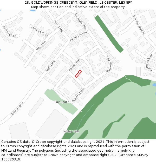 28, GOLDWORKINGS CRESCENT, GLENFIELD, LEICESTER, LE3 8FY: Location map and indicative extent of plot