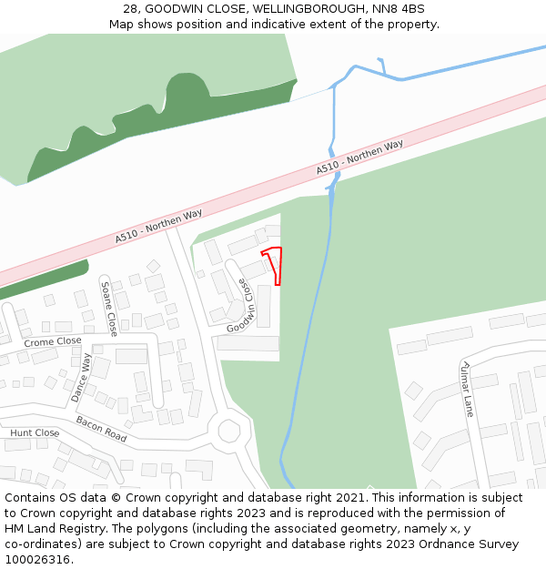 28, GOODWIN CLOSE, WELLINGBOROUGH, NN8 4BS: Location map and indicative extent of plot