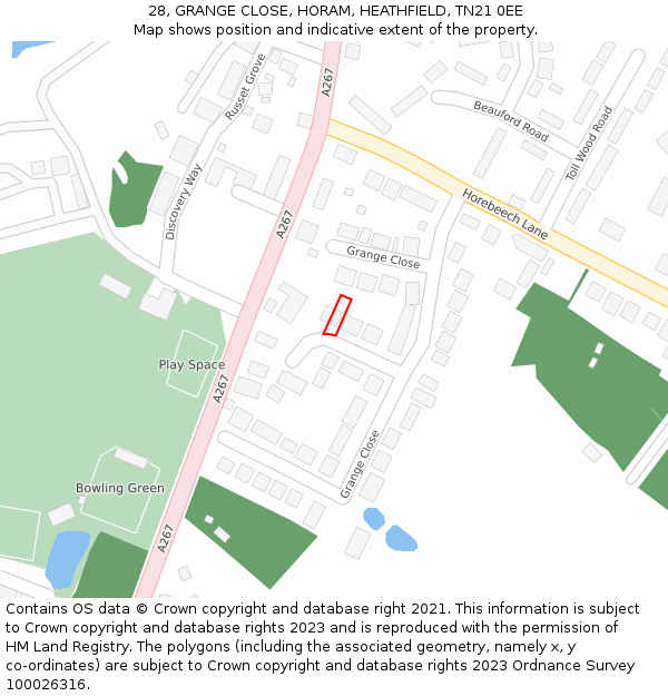 28, GRANGE CLOSE, HORAM, HEATHFIELD, TN21 0EE: Location map and indicative extent of plot