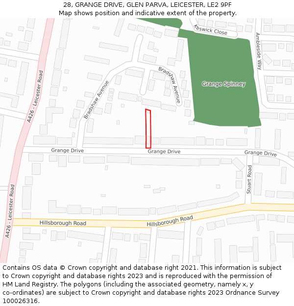 28, GRANGE DRIVE, GLEN PARVA, LEICESTER, LE2 9PF: Location map and indicative extent of plot