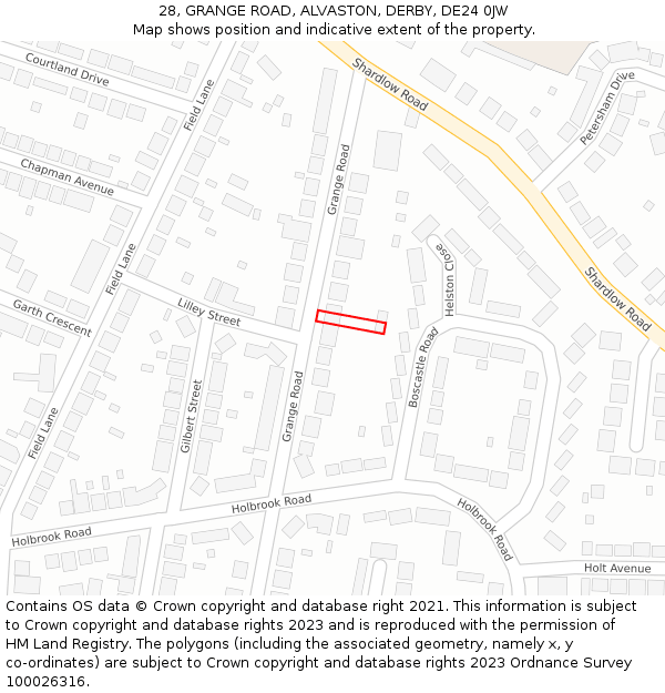 28, GRANGE ROAD, ALVASTON, DERBY, DE24 0JW: Location map and indicative extent of plot