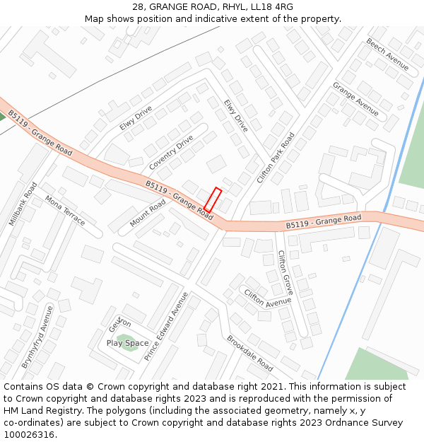 28, GRANGE ROAD, RHYL, LL18 4RG: Location map and indicative extent of plot