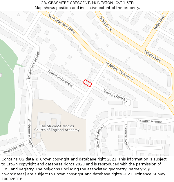 28, GRASMERE CRESCENT, NUNEATON, CV11 6EB: Location map and indicative extent of plot