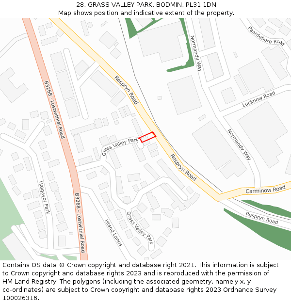 28, GRASS VALLEY PARK, BODMIN, PL31 1DN: Location map and indicative extent of plot