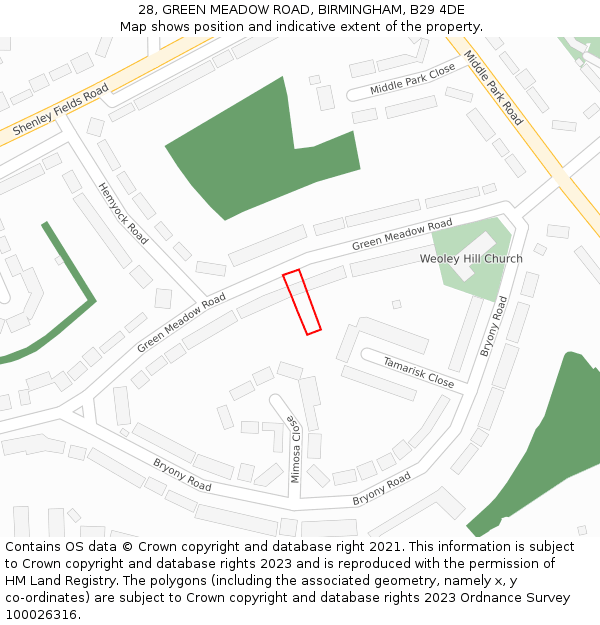 28, GREEN MEADOW ROAD, BIRMINGHAM, B29 4DE: Location map and indicative extent of plot