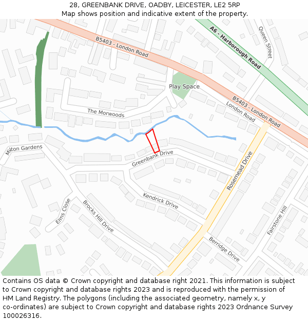 28, GREENBANK DRIVE, OADBY, LEICESTER, LE2 5RP: Location map and indicative extent of plot