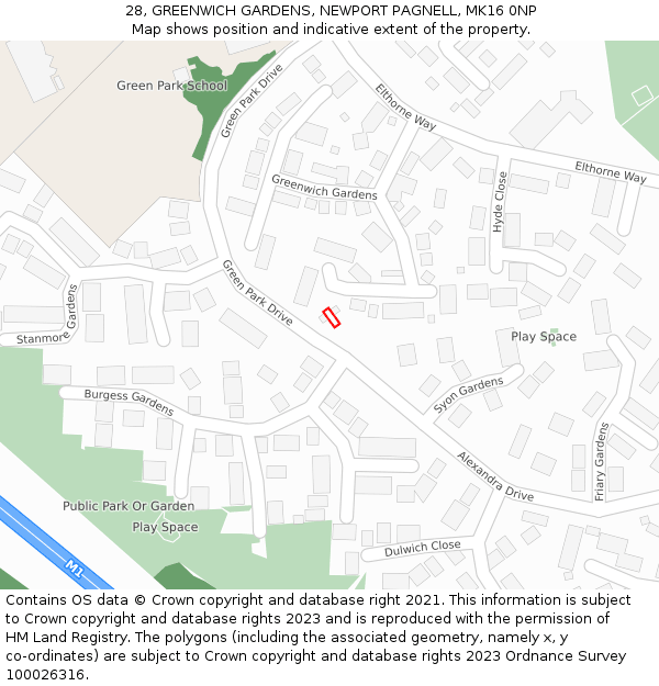 28, GREENWICH GARDENS, NEWPORT PAGNELL, MK16 0NP: Location map and indicative extent of plot