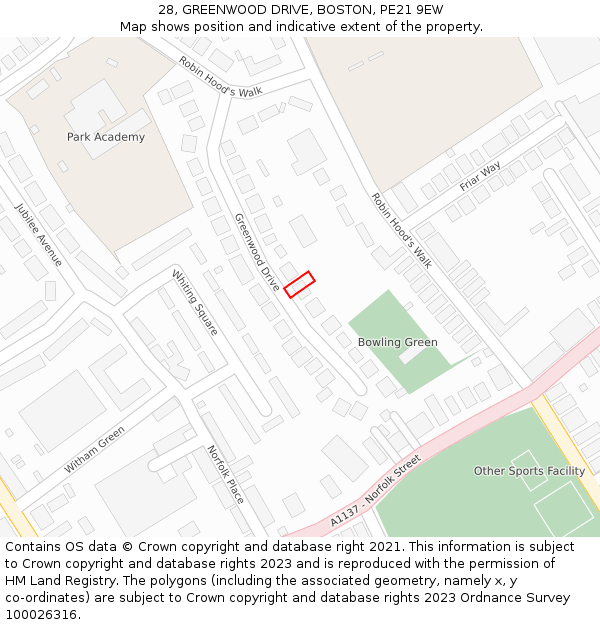 28, GREENWOOD DRIVE, BOSTON, PE21 9EW: Location map and indicative extent of plot