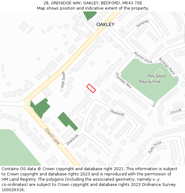 28, GRENIDGE WAY, OAKLEY, BEDFORD, MK43 7SE: Location map and indicative extent of plot