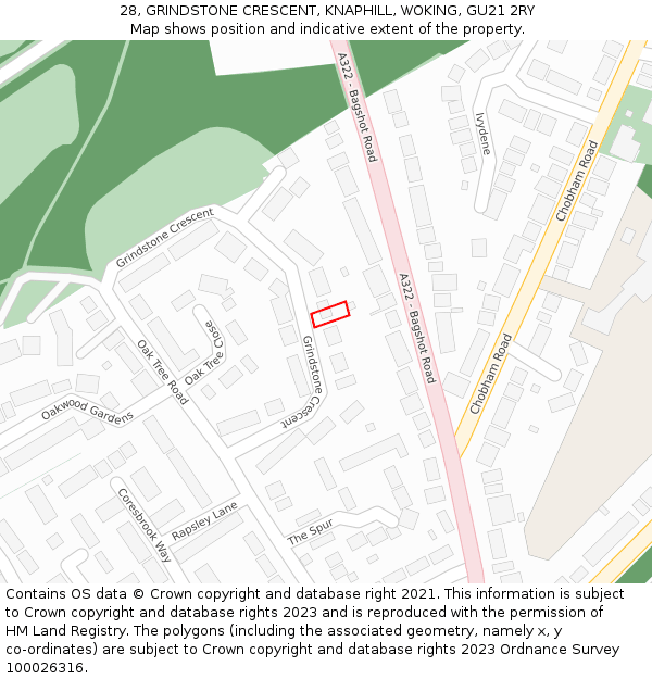 28, GRINDSTONE CRESCENT, KNAPHILL, WOKING, GU21 2RY: Location map and indicative extent of plot