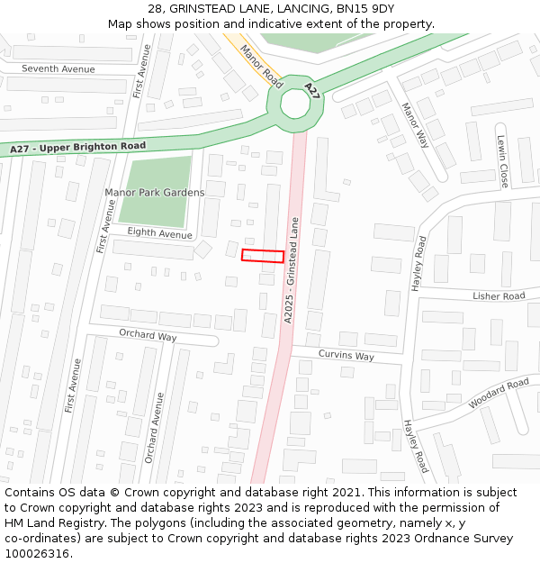 28, GRINSTEAD LANE, LANCING, BN15 9DY: Location map and indicative extent of plot