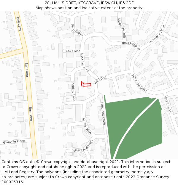 28, HALLS DRIFT, KESGRAVE, IPSWICH, IP5 2DE: Location map and indicative extent of plot