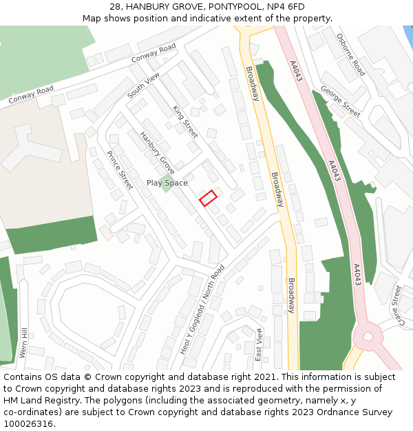 28, HANBURY GROVE, PONTYPOOL, NP4 6FD: Location map and indicative extent of plot