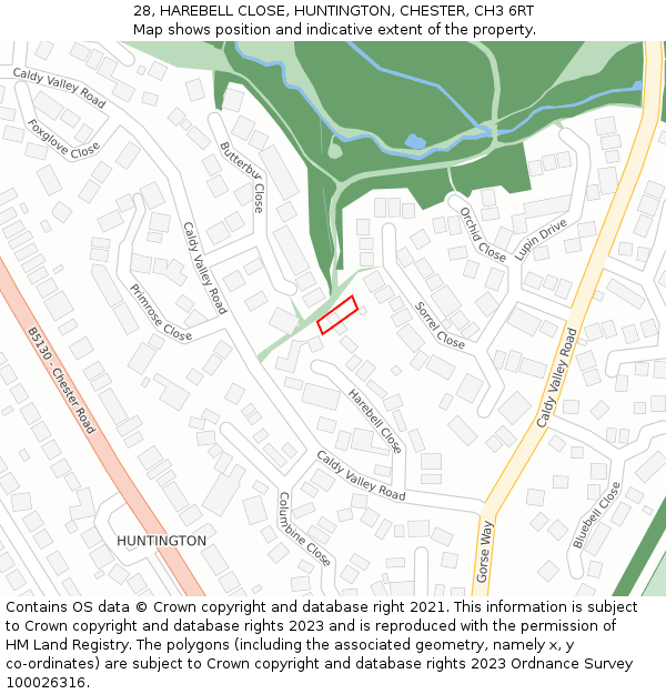 28, HAREBELL CLOSE, HUNTINGTON, CHESTER, CH3 6RT: Location map and indicative extent of plot