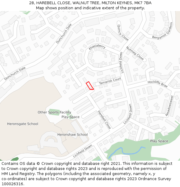 28, HAREBELL CLOSE, WALNUT TREE, MILTON KEYNES, MK7 7BA: Location map and indicative extent of plot