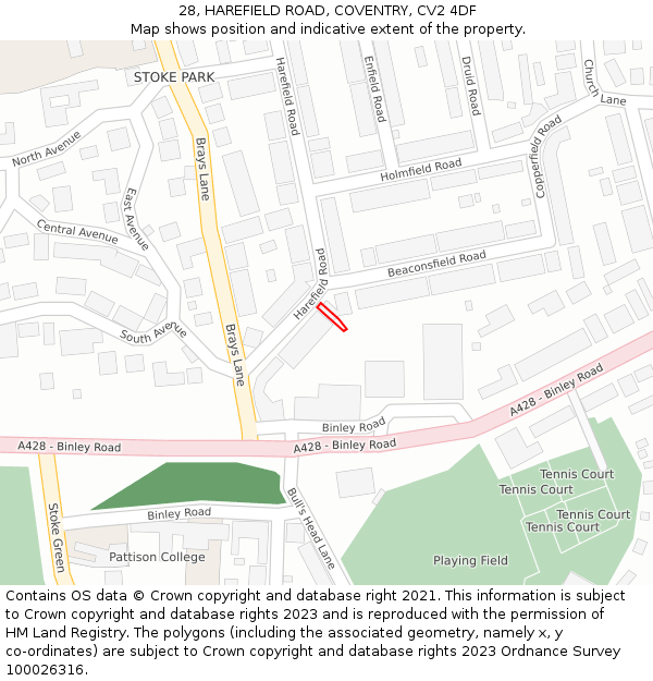 28, HAREFIELD ROAD, COVENTRY, CV2 4DF: Location map and indicative extent of plot
