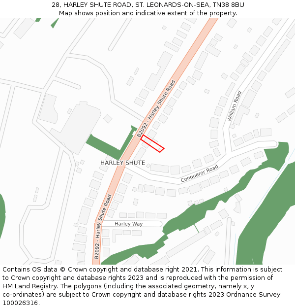 28, HARLEY SHUTE ROAD, ST. LEONARDS-ON-SEA, TN38 8BU: Location map and indicative extent of plot