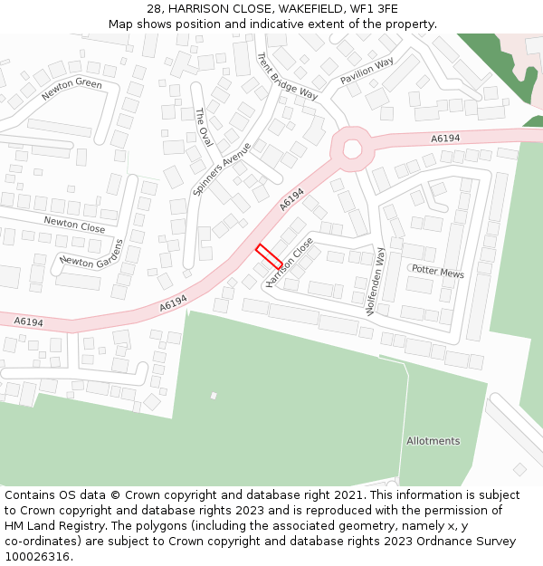 28, HARRISON CLOSE, WAKEFIELD, WF1 3FE: Location map and indicative extent of plot