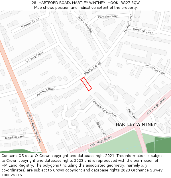 28, HARTFORD ROAD, HARTLEY WINTNEY, HOOK, RG27 8QW: Location map and indicative extent of plot