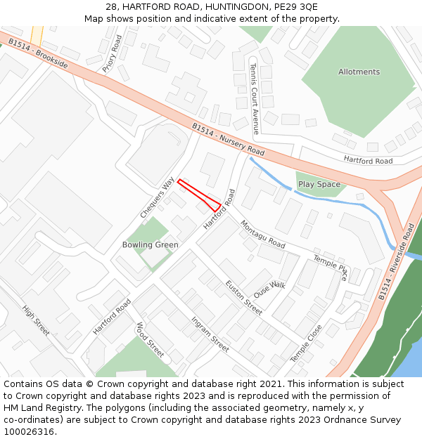 28, HARTFORD ROAD, HUNTINGDON, PE29 3QE: Location map and indicative extent of plot