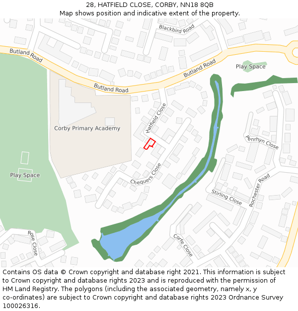 28, HATFIELD CLOSE, CORBY, NN18 8QB: Location map and indicative extent of plot